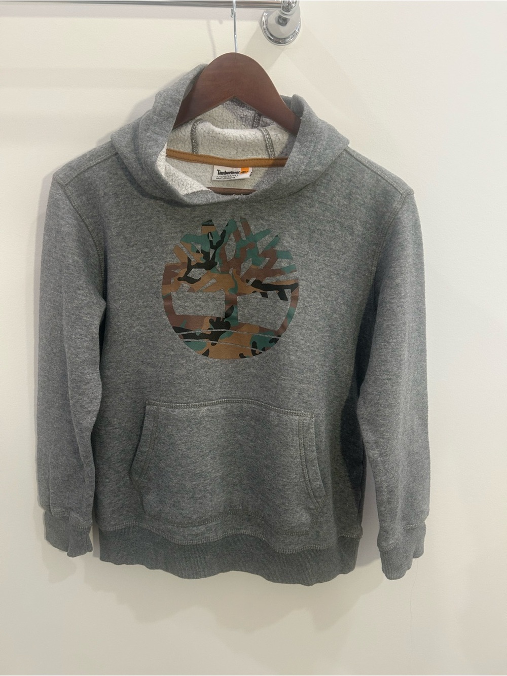 Timberland boys Gray Hooded Sweatshirt with Camo Tree Logo